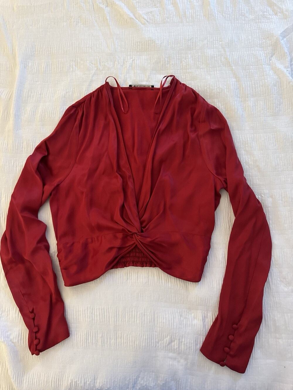 Zara Satin Effect Knotted Blouse Ruby Red Cropped Going Out Office Siren Y2K